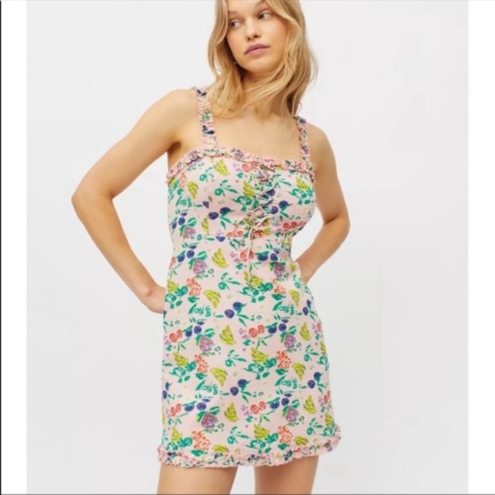 NWT Urban Outfitters Robin Lace Up Mini Dress with Fruit Print